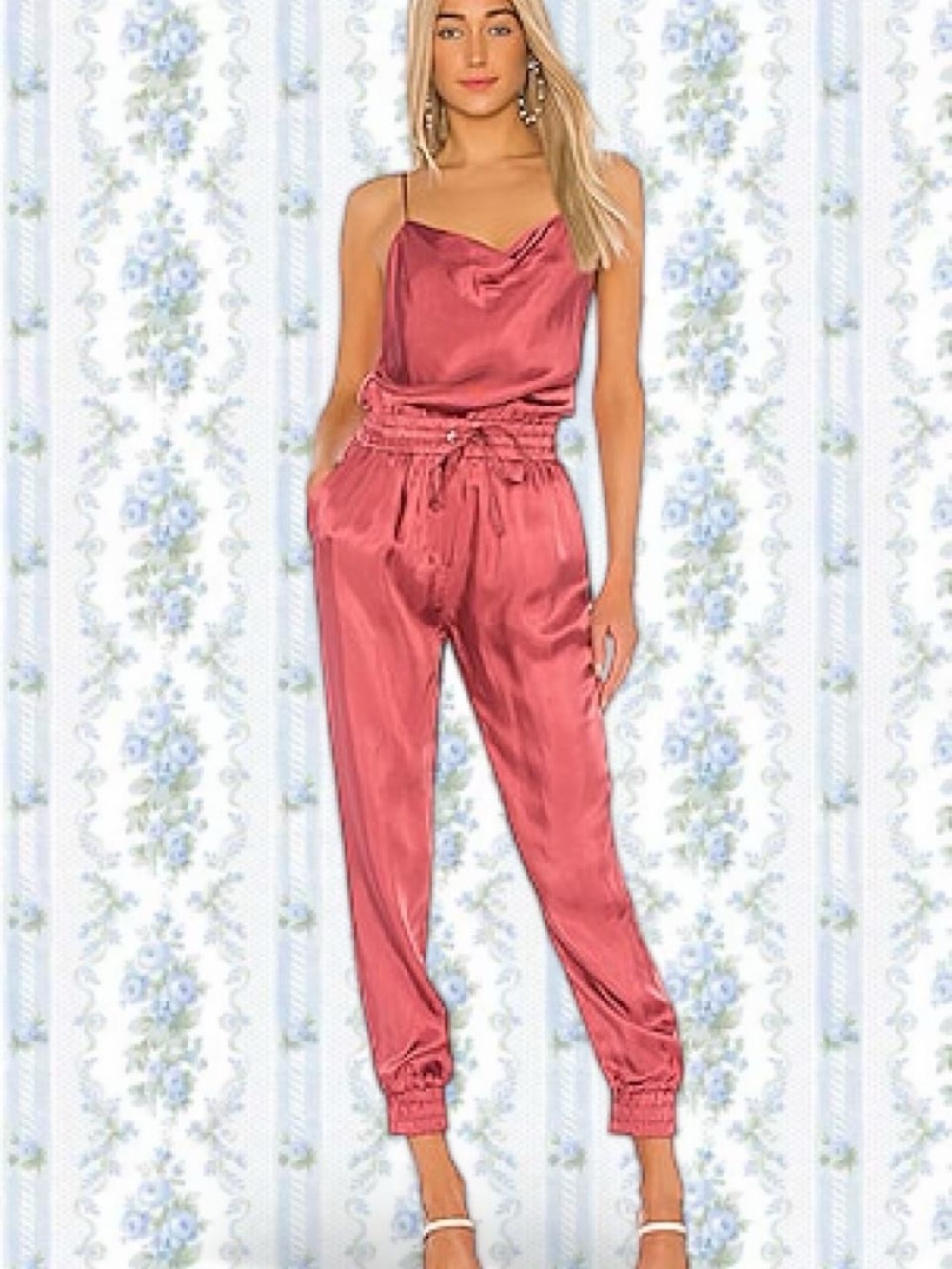 Revolve Satin Cowl Neck Jumpsuit in Pink Copper